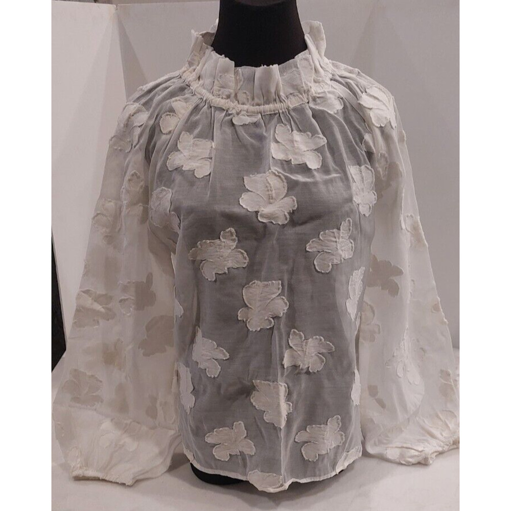 H&M White Ruffle Collar Neck Flower Applique Sheer Long sleeve Blouse Size Small